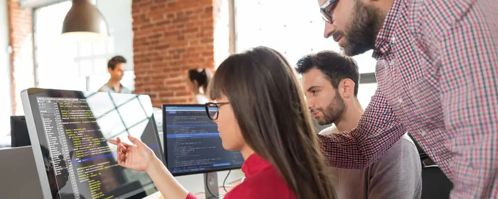 Office staff inspecting code on a computer