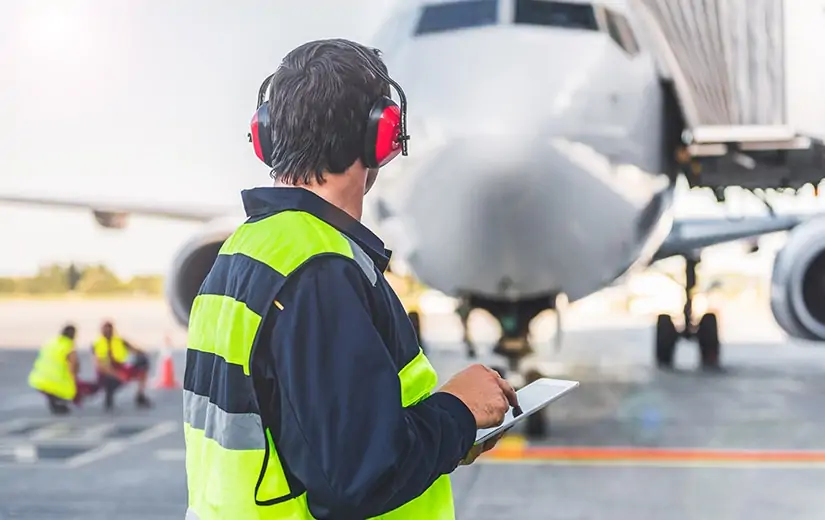 An airport employee inspecting a plane on a runway